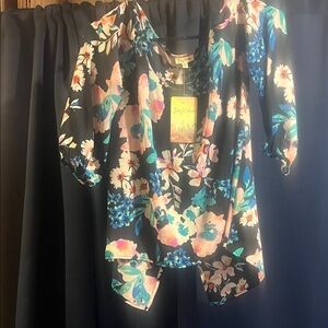 Lily White Asymmetrical Ruffled Blouse in Green and Pink